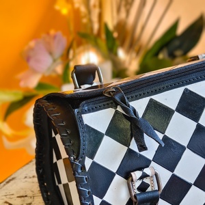 New Hand Tooled Black And White Diamond Checkered Pattern 100% Genuine Leather Material Mini Speedy Duffle Bag For Women's Carry - Product Image 2