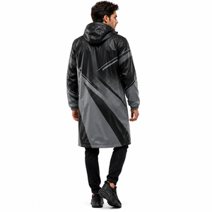 Veste de pluie à capuche personnalisée pour hommes, design sportif, polyester enduit de PVC, doublure en maille longue, coupe-vent, vêtements de travail en plein air, service OEM ODM - Product Image 4