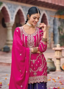 Traje Plazzo Premium Bordado en Chinon para Mujer (Talla Única) - Estilo Moderno para Bodas y Diwali - Product Image 5