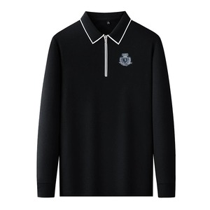 Men Designer <b>Polo</b> Shirt Long Sleeve Zip Front Embroidered <b>White</b> Trim Spring Autumn Casual Fashion Wear - Product Image 5