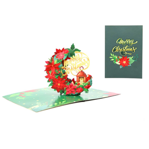 Carte de vœux 3D pop-up en gros, thème couronne de Noël florale, carte de vœux 3D de Noël avec enveloppe, carte de vœux faite à la main pour cadeaux - Product Image 4