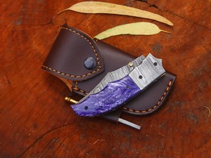 Couteau utilitaire pliant en acier de Damas de qualité industrielle, manche en résine, étui de transport vertical, couteau de poche EDC pour la chasse et le camping - Product Image 4