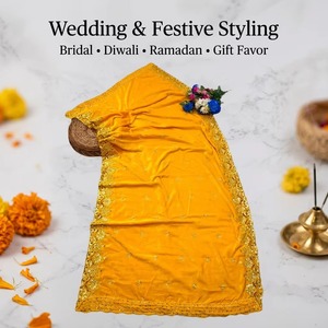 Luxury Yellow Velvet Bridal Dupattas with Heavy Gold Zari Sequin Embroidery Wedding Shawls Women Traditional Ramadan Festive - Product Image 3