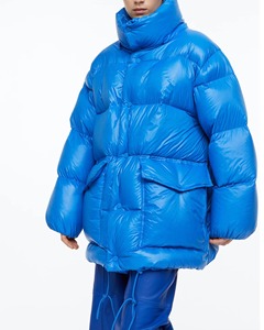 Chaqueta Acolchada Azul Sólido para Mujer, Manga Larga, Cuello Alto, Cierre de Cremallera, Abrigo de Invierno, Relleno de Poliéster, Tejido de Tela - Product Image 2