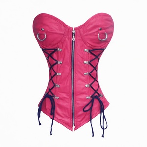 Women PU <b>Leather</b> Corset With Zipper And Lace-Up Design Firm Shaping Bodice Yellow - Product Image 3