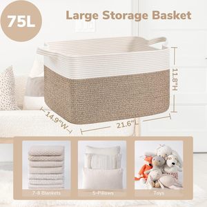 Modern Eco-Friendly <b>Foldable</b> 75L Large Woven Cotton Rope Storage <b>Basket</b> 21.6x14.9x11.8 Inches Rectangle White Light Brown - Product Image 2