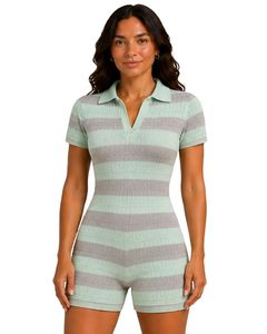 Mono de punto a rayas verde menta y gris para mujer, manga corta, cuello polo, algodón, informal de verano, de una pieza, ajustado, personalizado - Product Image 1