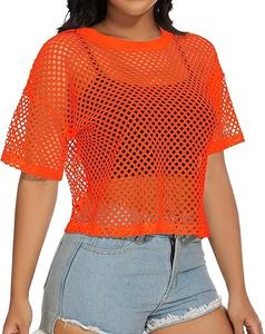 Women's Sexy Club Solid Color T Shirts Mesh Tank <b>Top</b> Short Sleeve Customizable T-Shirt Fishnet Sheer Womens Tees Shirts - Product Image 3