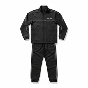 Styliro Custom Reflective <b>Windbreaker</b> Set - Premium <b>Black</b> Streetwear with White Piping - Product Image 1