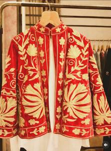 Blouson Rajasthani en velours rouge tissé écologique, brodé, style bohème, motif floral, doublure en coton, pour femme - Product Image 2