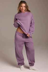 Conjunto Deportivo de Algodón para Mujer, Color Morado Sólido, Informal, Transpirable, Manga Larga, Cuello Redondo, Corte Holgado con Pantalones con Cordón - Product Image 4