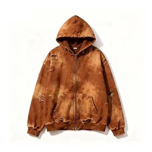 Sweat à capuche zippé personnalisé effet délavé soleil, Sweat à capuche zippé ample et oversize pour homme, Sweat à capuche zippé streetwear délavé à l'acide et vieilli pour homme - Product Image 2