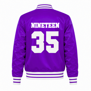 Chaqueta Universitaria Morada de Satén para Mujer NCNW con Botones a Presión, Letras Griegas Bordadas, Cuello y Puños de Punto a Rayas, Ropa Universitaria - Product Image 4