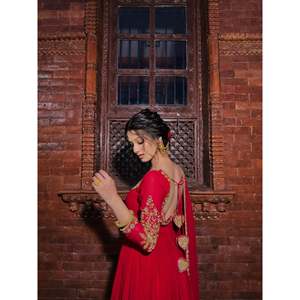 NSR Designer Women's <b>Red</b> Party Wear <b>Set</b> Top-Plazzo and Dupatta with Embroidery Work Size M - Product Image 6