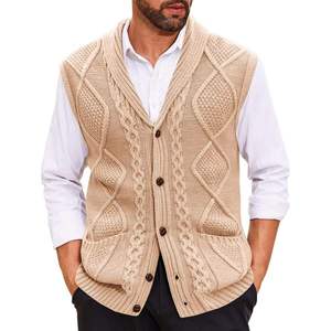 Gilet en tricot tendance pour homme, motif géométrique, sans manches, beige, boutonné devant, tenue d'automne - Product Image 1