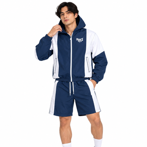 Conjunto de Chaqueta Cortavientos y Pantalones Cortos Azul Marino con Logotipo Bordado Personalizado, Traje Deportivo de Verano Ligero de Nailon con Parches, Sudadera con Capucha, Estilo Americano - Product Image 5