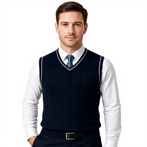 Gilet pull sans manches col en V bleu marine pour homme, tricot torsadé, coupe ajustée, avec bordure à rayures contrastantes, décontracté et professionnel - Product Image 1