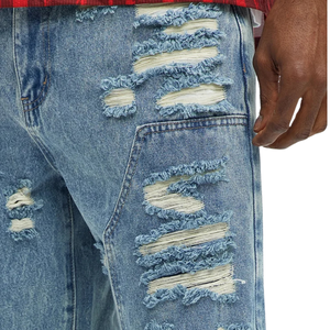 <b>Mens</b> Light Blue Distressed Wide Leg Jeans Relaxed Fit Ripped Denim Pants Vintage Washed Casual Streetwear <b>Trousers</b> Wholesale - Product Image 3