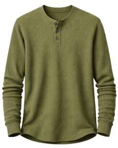 Camiseta Térmica de Manga Larga para Hombre, Estilo Henley, Color Verde Oliva, Cuello con Botones, Prenda Casual de Invierno, Algodón, Corte Ajustado, Tejido Transpirable - Product Image 2
