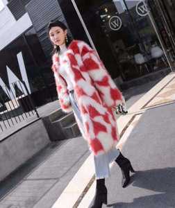 Manteau et parka longs et épais en fausse fourrure de renard à carreaux, style décontracté et moelleux, pour femme, rouge, vêtements d'extérieur d'hiver - Product Image 3