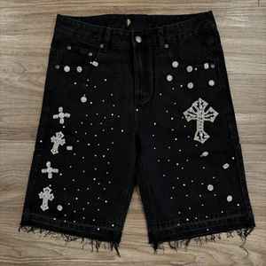 Shorts de Mezclilla Extra Grandes para Hombre, Lavado Ácido, Corte Holgado, Detalles de Pedrería, Algodón Desgastado, Ropa Urbana Personalizada - Product Image 3