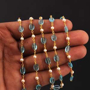Chaîne de chapelet perlée en Apatite Sky AAA et Perles d'eau douce, forme ovale 6x7mm, plaquée or, pour la fabrication de bijoux, vente en gros - Product Image 1
