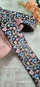 Black Base Multi Coloured Thread Work Embroidered Mesh <b>Laces</b> Vibrant Floral <b>Applique</b> Trims for Garments and Apparels Vintage - Product Image 5