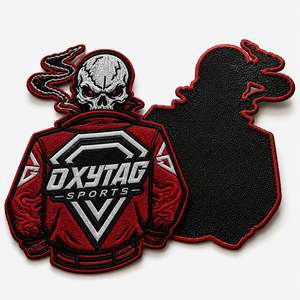 Patch brodé Oxytag Sports thermocollant, forme irrégulière, rouge et noir, en tissu tissé, badge décoratif, prix abordable, personnalisation OEM - Product Image 4