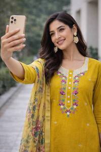 <b>Women's</b> Yellow Embroidered Cotton <b>Kurta</b> Set With Floral Dupatta Casual Traditional Wear India Pakistan Style Summer Ankle-Length - Product Image 3