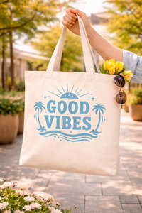 Sac fourre-tout en toile de coton AMANI 300 g/m², H-12" L-13", avec longues poignées, écologique, réutilisable, imprimé sur mesure, Good Vibes - Product Image 2