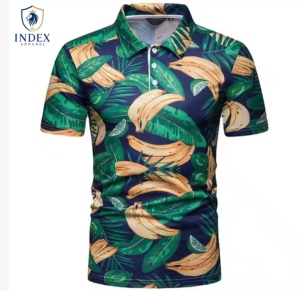 Camiseta Polo de Manga Corta con Estampado de Hojas de Plátano Azul para Hombre, Corte Regular Informal, Transpirable, Tejido 100% Poliéster, Marca Index Apparel - Product Image 1
