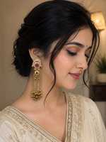 Anting Jhumka Panjang Desain Bunga Zirkon Kashmir Berlapis Emas Antik Grosir, Set Perhiasan Pernikahan Pesta Etnik Tradisional