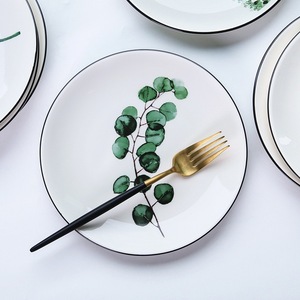 Assiettes peu profondes en céramique motif plantes vertes naturelles, qualité supérieure, lot de 4, écologiques, en stock, coffret cadeau durable - Product Image 4