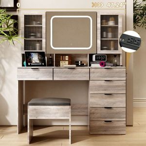 Large LED Lighted Mirror <b>Makeup</b> Vanity <b>Table</b> Set with Charging Station Glass Doors Drawers-for Your Daily Beauty Routine! - Product Image 4