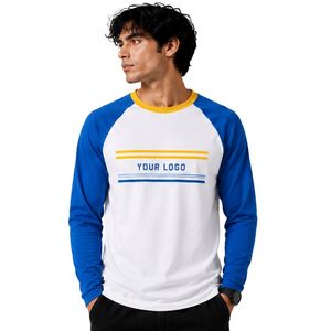 <b>White</b> And Royal Blue Raglan Long Sleeve T Shirt Men Premium Cotton Crew Neck Casual Graphic Baseball Tee Yellow Trim Custom OEM - Product Image 1
