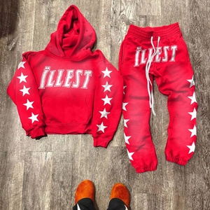 Ropa de calle Trajes de sudor lavados con ácido en blanco Sudaderas con capucha Conjunto de 2 piezas Lavado con ácido Distress Pantalones de chándal acampanados y conjunto de Sudadera con capucha - Product Image 4