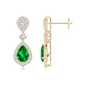 Emerald Diamond <b>Earrings</b>, Pear Shape Emerald <b>Earrings</b>, Diamond Halo Drop <b>Earrings</b>, and Luxury Emerald Jewelry for Women - Product Image 1