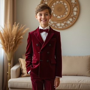 Boys Burgundy Velvet Double Breasted Tuxedo Suit | <b>Kids</b> Wedding Suit | <b>Ring</b> Bearer Formal Blazer Set | Custom Made - Product Image 2