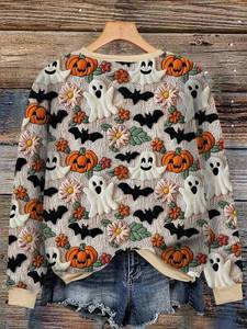 Sudadera de cuello redondo con estampado completo de Halloween para mujer, de algodón y forro polar, para otoño e invierno, estilo casual y urbano, OEM ODM - Product Image 3