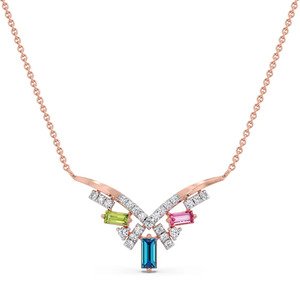 Collar con Barra de Color en Forma de V y Diamantes, con Marco Geométrico en Oro Rosa y Diseño con Triple Acento de Piedras Brillantes - Product Image 4