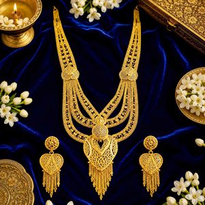 Parure de bijoux de mariée longue et lourde en laiton plaqué or 14K/18K/24K, style Dubaï traditionnel, vente en gros - Product Image 2