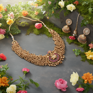 Gold Rhodium Plated Temple Style Choker and Earring Set Trendy Bridal Jewelry - Product Image 3