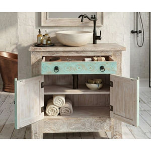 ตู้สไตล์อินเดียแบบดั้งเดิม ตกแต่งลายแกะสลักแบบเรียบง่าย สำหรับห้องนั่งเล่น พร้อมตู้ลิ้นชักสองบาน ตู้บุฟเฟ่ต์ ลุคธรรมชาติ - Product Image 3