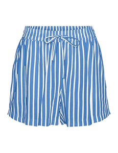 Shorts décontractés pour femmes, rayés bleus et blancs, à cordon de serrage, coupe ample, taille mi-haute, en mousseline respirante, tissu tissé polyester 120g - Product Image 1