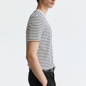 เสื้อยืดแขนสั้นคอกลมลายทางผู้ชาย ทรงปกติ สไตล์ลำลอง ผ้าฝ้าย 100% สีดำขาว - Product Image 3