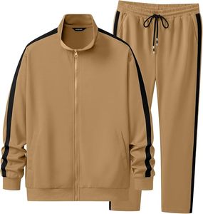 Men's Khaki Solid Tracksuit Full Sleeve Stand Collar Zipper Sweatshirt Drawstring Pants Set Casual Autumn Wear - Product Image 5