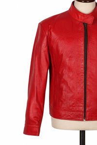 <b>Men's</b> <b>Red</b> Genuine <b>Leather</b> Moto <b>Jacket</b> Stand Collar Zipper Closure Slim Fit Autumn/Winter Waterproof Breathable Eco-Friendly - Product Image 2