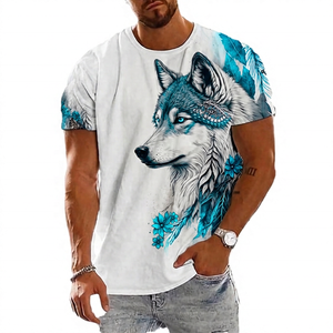 T-shirt à manches courtes pour homme en coton imprimé loup, col rond, coupe classique, motif animal, tissu jersey respirant - Product Image 2