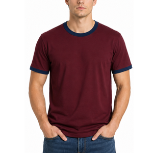T-shirt Ringer Homme Best-seller à Logo, Bicolore Bordeaux avec Bordure Contrastante, Manches Courtes, Coupe Slim, Décontracté, Uni, Style Sport - Product Image 1