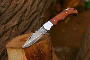Couteau pliant à lame droite en cuivre Damas, fait main, ODM, couteau de poche, manche en bois de rose, Bushcraft, extérieur, EDC - Product Image 3
